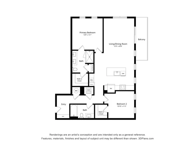 Charming open-concept floor plan featuring 2 bedrooms, 2 modern baths, an expansive living/dining area, and a private balcony.