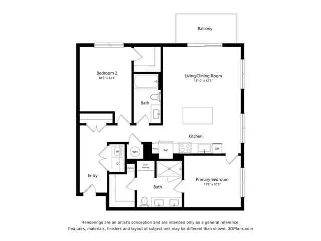 Modern apartment floor plan featuring 2 bedrooms, spacious living/dining room, open kitchen, and a balcony for relaxing views.