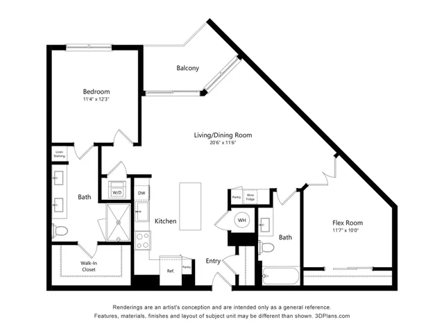 Contemporary floor plan showcasing a spacious one-bedroom apartment with a living/dining area, kitchen, two baths, flex room, and a private balcony.