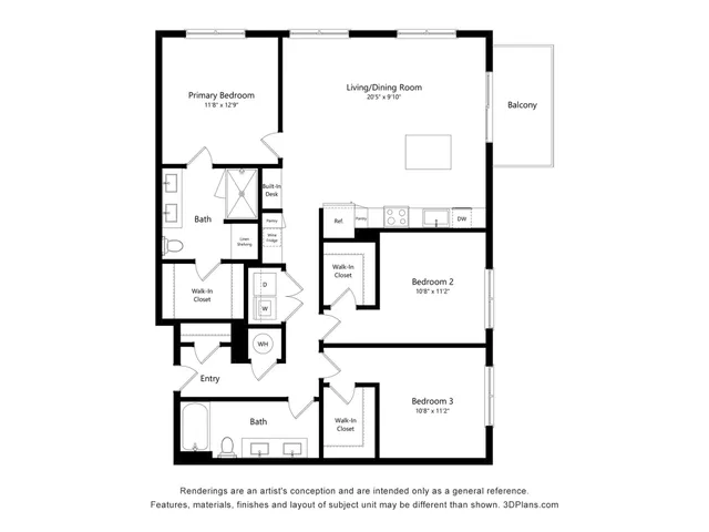 Modern 3-bedroom floor plan featuring a spacious living/dining room, two full baths, and a private balcony.