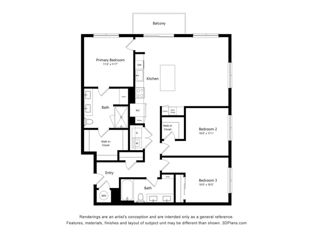 Elegant floor plan featuring 3 bedrooms, contemporary kitchen, spacious living area, and a private balcony.