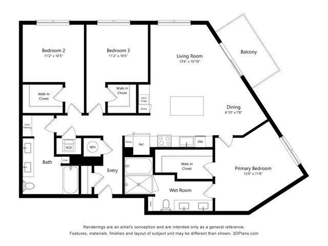 Contemporary 3-bedroom floor plan featuring spacious living room, balcony access, modern kitchen, and expansive walk-in closets.