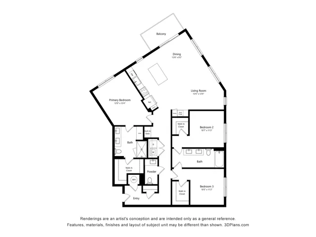 Modern 3-bedroom floor plan with a spacious living room, dining area, and balcony, perfect for comfortable living.