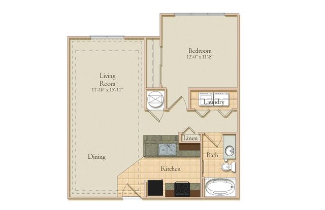 Inviting floor plan with a cozy bedroom, spacious living room, modern kitchen, and convenient laundry space.