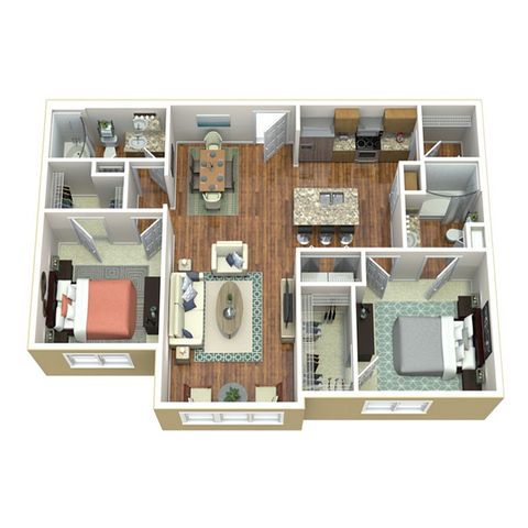 Modern 3D floor plan highlighting two spacious bedrooms, a stylish open kitchen, and an inviting living area with elegant wood flooring.