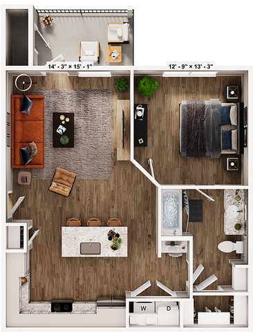 Modern 1-bedroom apartment floor plan with open-concept living area, stylish kitchen with island, cozy balcony, and spacious bathroom.