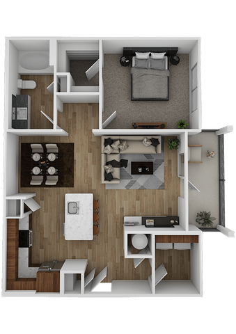 Stylish one-bedroom apartment floor plan with open living and kitchen area, private balcony, spacious bathroom, and dedicated dining space.