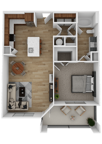 Modern one-bedroom apartment floor plan with open kitchen and living area, spacious bathroom, and patio.