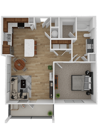 Contemporary floor plan featuring one bedroom, open kitchen, living room, bathroom, and balcony.