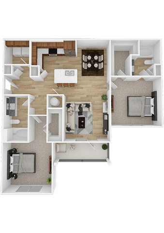 Spacious 2-bedroom modern apartment floor plan with kitchen, living room, and dining area.