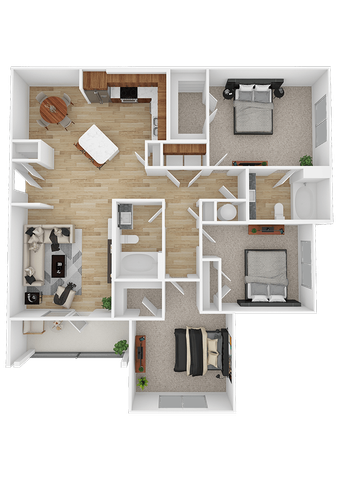 Modern apartment floor plan featuring two bedrooms, a spacious kitchen, and an open living area