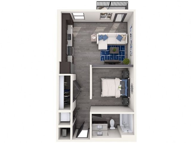 Chic 3D floor plan featuring a spacious one-bedroom, integrated living and kitchen area, and modern bathroom.