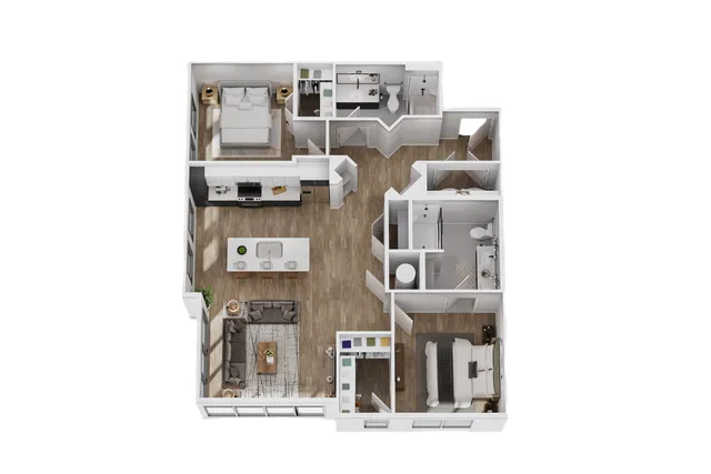 3D floor plan showcasing two bedrooms, an open living area, and a modern kitchen.