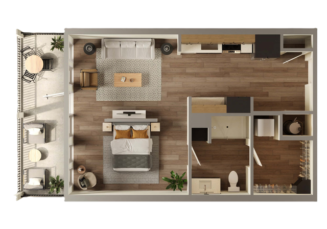 Modern 1-bedroom floor plan with open-concept living area, sleek kitchen, and private balcony.
