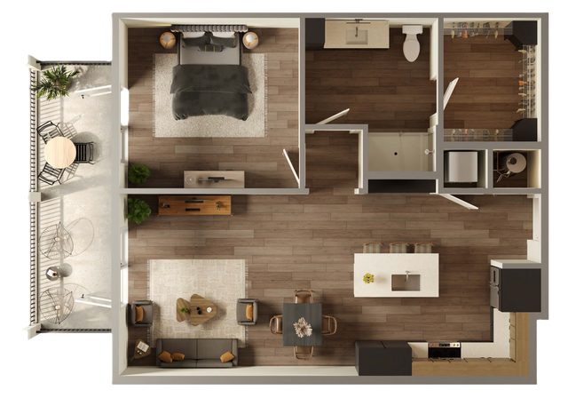 Modern 1-bedroom apartment floor plan showcasing an open-concept kitchen and living area, luxury bathroom, and a cozy balcony with outdoor seating.