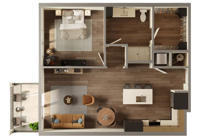 Chic apartment floor plan showcasing a spacious bedroom, stylish kitchen with island seating, modern living area, and private balcony.