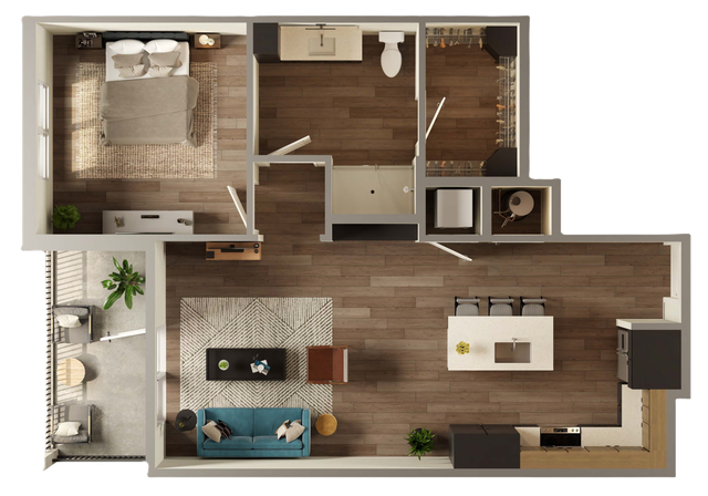 Contemporary 1-bedroom apartment floor plan with open kitchen, inviting living area, and stylish terrace.