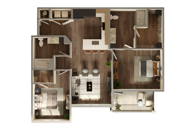 Elegant 3D apartment floor plan showcasing two bedrooms, modern kitchen with island seating, spacious living area, and private balcony.