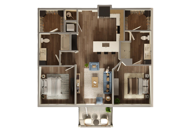 Modern 2-bedroom apartment floor plan featuring an open-concept living room, a stylish kitchen with island, dual bathrooms, and a cozy balcony for relaxation.
