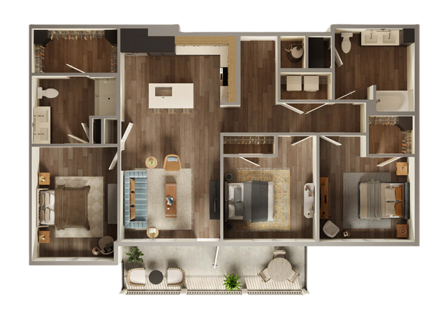 Chic floor plan showcasing 3 cozy bedrooms, a modern kitchen with an island, spacious living room, elegant bathrooms, and a charming balcony.