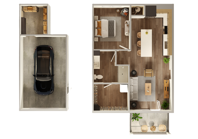 Contemporary floor plan showcasing a one-bedroom apartment with a spacious open-concept living area, modern kitchen with breakfast bar, sleek bathroom, and private garage with storage.