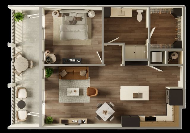 Modern apartment floor plan featuring a spacious bedroom, elegant open-concept living and dining area, stylish kitchen with island, and a welcoming balcony for outdoor relaxation.
