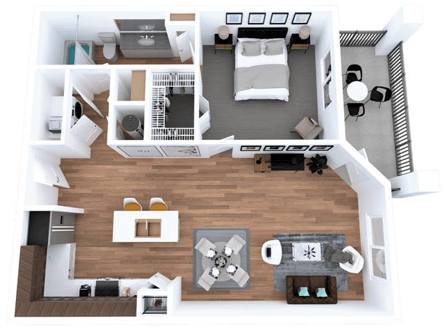Modern 1-bedroom apartment floor plan with open-concept living area, cozy bedroom, chic kitchen, and breezy balcony.