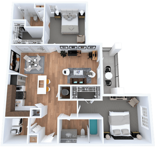 Modern 3D floor plan showcasing 2 bedrooms, open living area, stylish kitchen with island, and balcony seating.