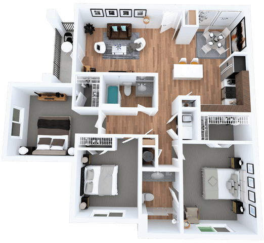 Elegant 3D floor plan showcasing 3 spacious bedrooms, modern kitchen with island, cozy living area, and stylish dining space, perfect for comfortable living.