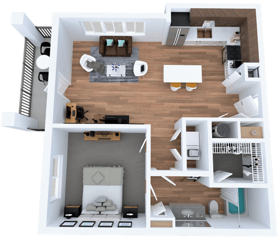 Modern 1-bedroom apartment floor plan featuring an open-concept living space, stylish kitchen, and cozy balcony. Perfect for urban living with efficient space utilization.