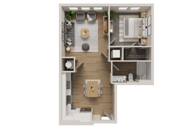 Inviting floor plan showcasing a cozy 1-bedroom apartment with a modern kitchen, stylish living area, and spacious bathroom.