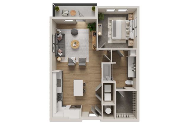 Modern floor plan showcasing a cozy 1-bedroom layout with an open-concept living room, elegant kitchen, and stylish bathroom. Features a charming balcony for outdoor relaxation.