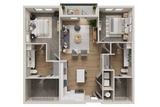 Modern 2D floor plan showcasing 2 bedrooms, an inviting open-concept living area, and sleek kitchen design.
