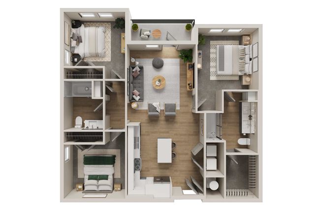 Modern 3D floor plan showcasing 3 bedrooms, a cozy living room, a central kitchen, and a charming balcony area for relaxation.