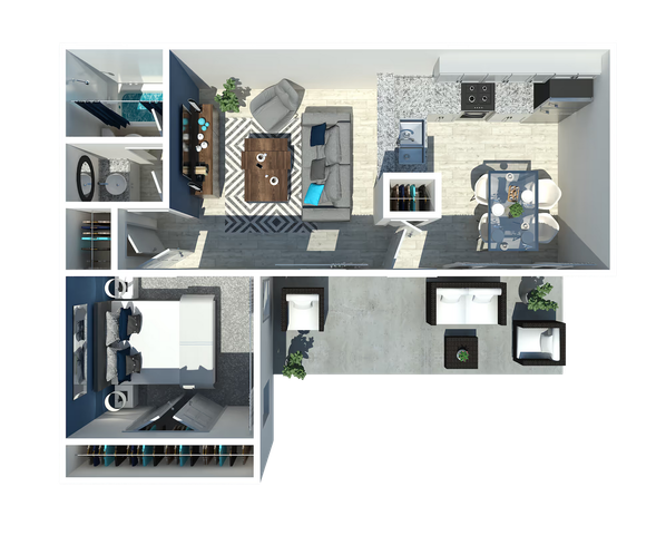 Chic 3D floor plan featuring a spacious bedroom, modern living area, stylish kitchen, and cozy balcony.