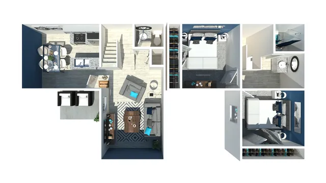 Modern 3D floor plan showcasing a stylish layout with two bedrooms, a cozy living area, and an inviting kitchen, designed for comfortable urban living.