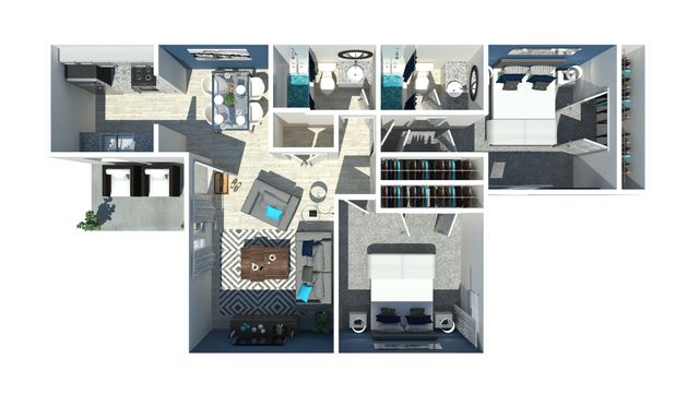 Elegant 3D floor plan showcasing 2 bedrooms, stylish open-concept kitchen and dining area, modern living room, and two chic bathrooms.