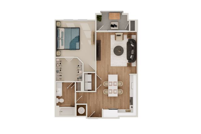 Modern 1-bedroom apartment floor plan featuring an inviting living room, sleek kitchen with island seating, cozy bedroom with en-suite bathroom, and private balcony.
