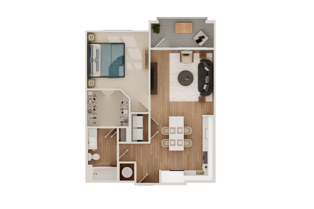Modern 1-bedroom apartment floor plan with open-concept living and dining area, stylish kitchen, and cozy balcony.