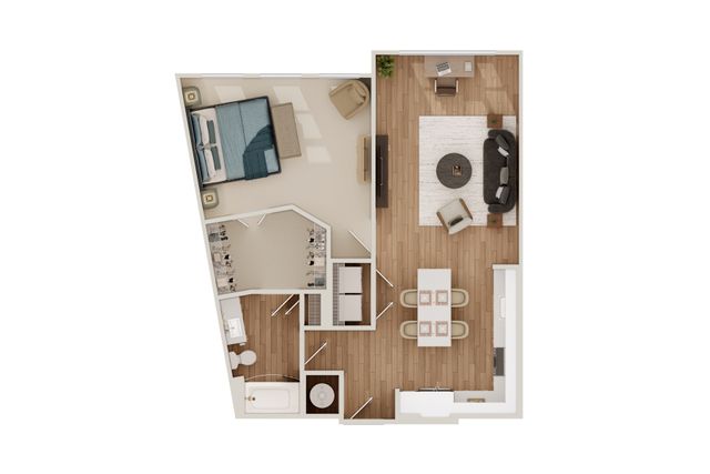 Modern 2D floor plan showcasing a spacious 1-bedroom apartment with an open living area, elegant kitchen, and cozy seating space.