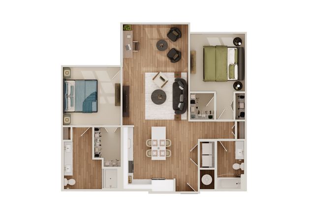 Inviting 2D floor plan showcasing a modern apartment layout with 2 spacious bedrooms, open living area, and a sleek kitchen.