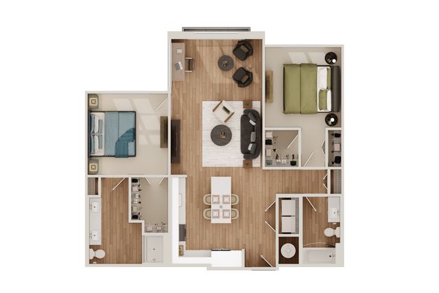 Modern 2D floor plan showcasing 2 bedrooms, elegant living room, gourmet kitchen, and luxurious bathrooms with ample storage.