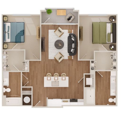 Elegant 2D apartment floor plan showcasing 2 spacious bedrooms, a modern open-concept living room, chic kitchen with island seating, and private balcony.