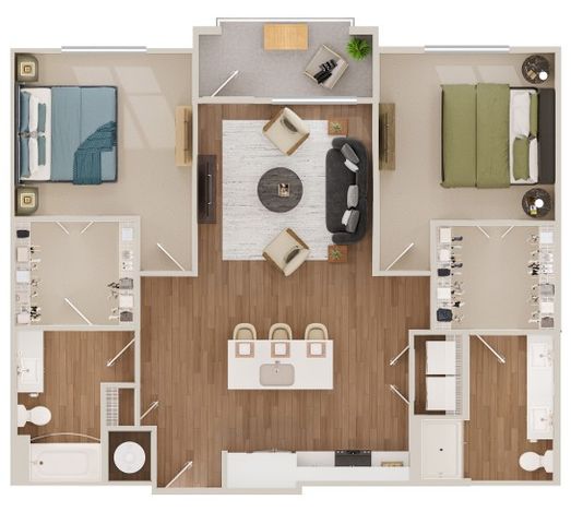 Modern floor plan featuring 2 bedrooms, 2 bathrooms, an airy living room, and a sleek open-concept kitchen with a breakfast bar.