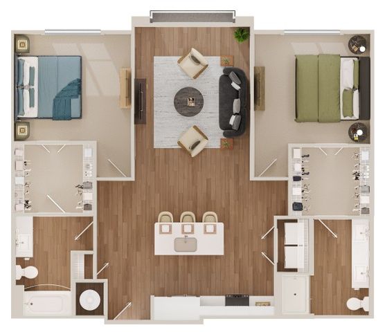 Contemporary floor plan showcasing a spacious two-bedroom apartment with an open-concept living area, modern kitchen island, and dual bathrooms for added convenience.