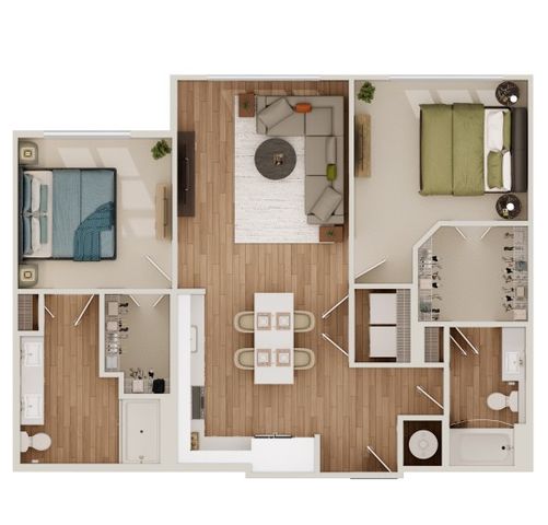 Contemporary 2D floor plan featuring two cozy bedrooms, spacious living area, elegant dining space, and modern kitchen layout.