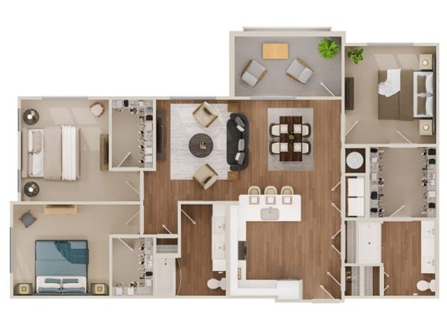 Elegant 3-bedroom floor plan featuring a spacious open kitchen, modern living area, and private outdoor patio.