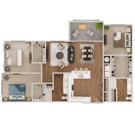 Elegant 3D floor plan showcasing three spacious bedrooms, a modern kitchen with an island, open living and dining area, and a cozy patio.
