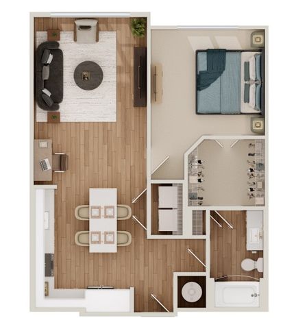Chic floor plan showcasing a modern one-bedroom layout with an open-concept living and dining area, sleek kitchen, and elegant bathroom.