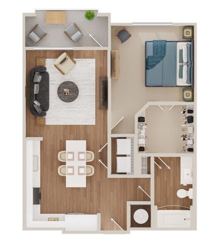 Modern floor plan with a spacious bedroom, cozy living area, sleek kitchen, and convenient patio access.